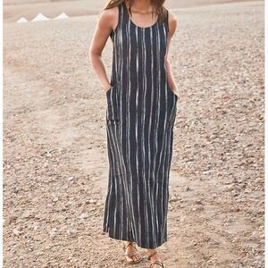Garnet Hill Navy Blue White Striped 100% Linen Sleeveless Maxi Dress Sz 4 Beach